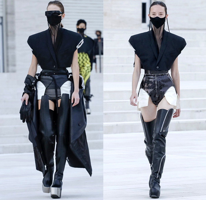 Rick Owens 2021 Spring Summer Womens Runway Catwalk Looks Collection - Mode à Paris Fashion Week - Phlegethon Greek Mythology Lido di Venezia Breast Plate Cape Hanging Sleeve Ribbed Knit Sweater Elongated Sleeves Face Mask Fishnet Mesh Frankenstein Strong High Bloated Shoulders Sculpture Crop Top Midriff Sheer Tulle Draped Bedazzled Embroidery Sequins Curved Concave Hem Coat Robe Dress Denim Jeans Vest Tabard Hoodie Hotpants Gloves Thigh High Motorcycle Boots Metal Toe Sunglasses