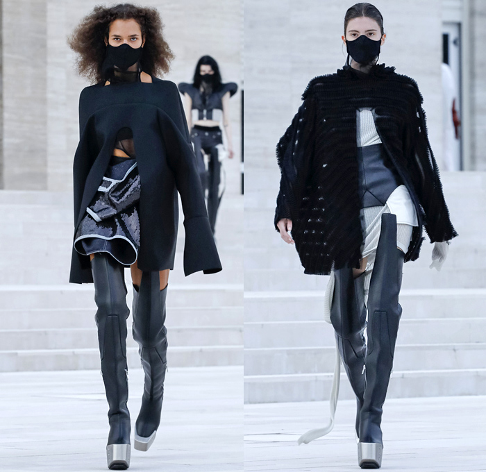 Rick Owens 2021 Spring Summer Womens Runway Catwalk Looks Collection - Mode à Paris Fashion Week - Phlegethon Greek Mythology Lido di Venezia Breast Plate Cape Hanging Sleeve Ribbed Knit Sweater Elongated Sleeves Face Mask Fishnet Mesh Frankenstein Strong High Bloated Shoulders Sculpture Crop Top Midriff Sheer Tulle Draped Bedazzled Embroidery Sequins Curved Concave Hem Coat Robe Dress Denim Jeans Vest Tabard Hoodie Hotpants Gloves Thigh High Motorcycle Boots Metal Toe Sunglasses