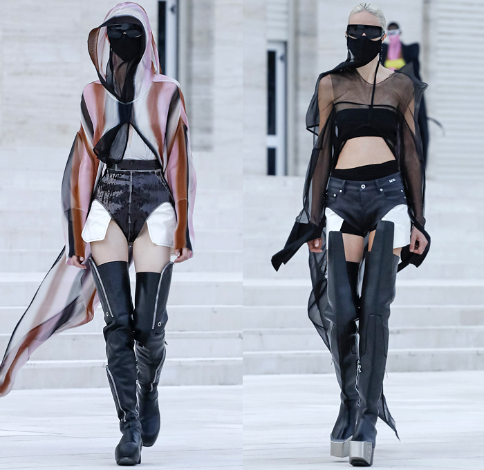 Rick Owens 2021 Spring Summer Womens Runway Catwalk Looks Collection - Mode à Paris Fashion Week - Phlegethon Greek Mythology Lido di Venezia Breast Plate Cape Hanging Sleeve Ribbed Knit Sweater Elongated Sleeves Face Mask Fishnet Mesh Frankenstein Strong High Bloated Shoulders Sculpture Crop Top Midriff Sheer Tulle Draped Bedazzled Embroidery Sequins Curved Concave Hem Coat Robe Dress Denim Jeans Vest Tabard Hoodie Hotpants Gloves Thigh High Motorcycle Boots Metal Toe Sunglasses