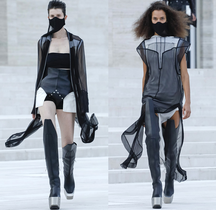 Rick Owens 2021 Spring Summer Womens Runway Catwalk Looks Collection - Mode à Paris Fashion Week - Phlegethon Greek Mythology Lido di Venezia Breast Plate Cape Hanging Sleeve Ribbed Knit Sweater Elongated Sleeves Face Mask Fishnet Mesh Frankenstein Strong High Bloated Shoulders Sculpture Crop Top Midriff Sheer Tulle Draped Bedazzled Embroidery Sequins Curved Concave Hem Coat Robe Dress Denim Jeans Vest Tabard Hoodie Hotpants Gloves Thigh High Motorcycle Boots Metal Toe Sunglasses