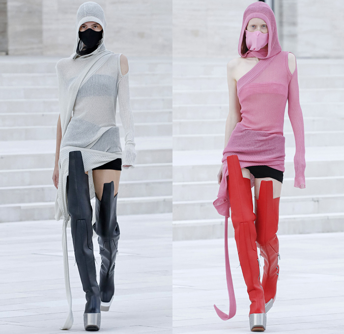 Rick Owens 2021 Spring Summer Womens Runway Catwalk Looks Collection - Mode à Paris Fashion Week - Phlegethon Greek Mythology Lido di Venezia Breast Plate Cape Hanging Sleeve Ribbed Knit Sweater Elongated Sleeves Face Mask Fishnet Mesh Frankenstein Strong High Bloated Shoulders Sculpture Crop Top Midriff Sheer Tulle Draped Bedazzled Embroidery Sequins Curved Concave Hem Coat Robe Dress Denim Jeans Vest Tabard Hoodie Hotpants Gloves Thigh High Motorcycle Boots Metal Toe Sunglasses