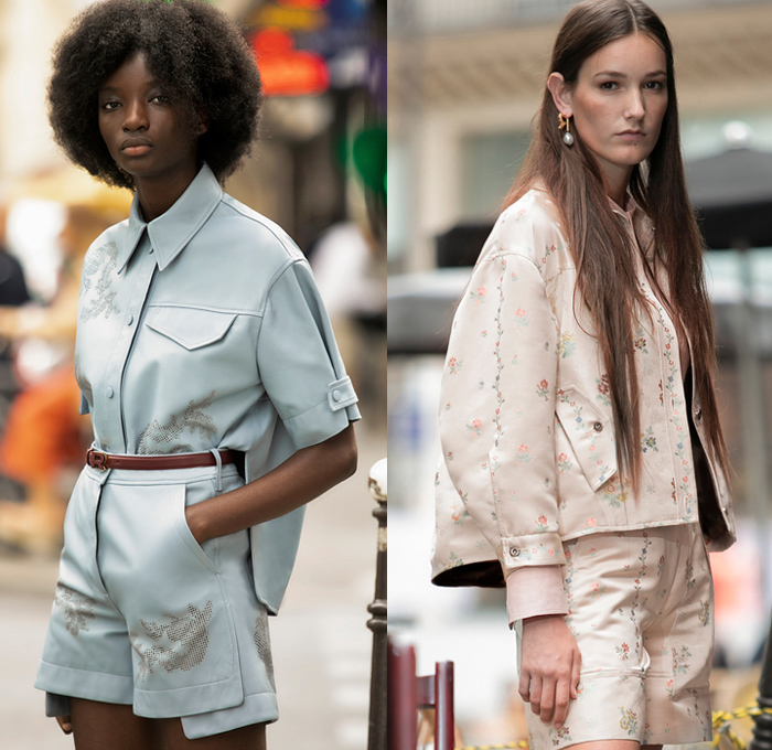 Rochas 2021 Resort Cruise Pre-Spring Womens Lookbook Presentation - Geometric Collar Long Sleeve Blouse Pastels Draped Clipped Arm Holes Perforated Poufy Puff Sleeves Knit Weave Mesh Overlapping Hem Shorts Cropped Trucker Jacket Flowers Floral Angular Hem Cargo Utility Pockets Asymmetrical Bib Lapel Belt Pellegrina Capelet Lace Ruffles Colored Jeans Femme Motif Coat Pantsuit Blazer Wood Swirl Pattern Pinafore Dress Midi Skirt Loafers