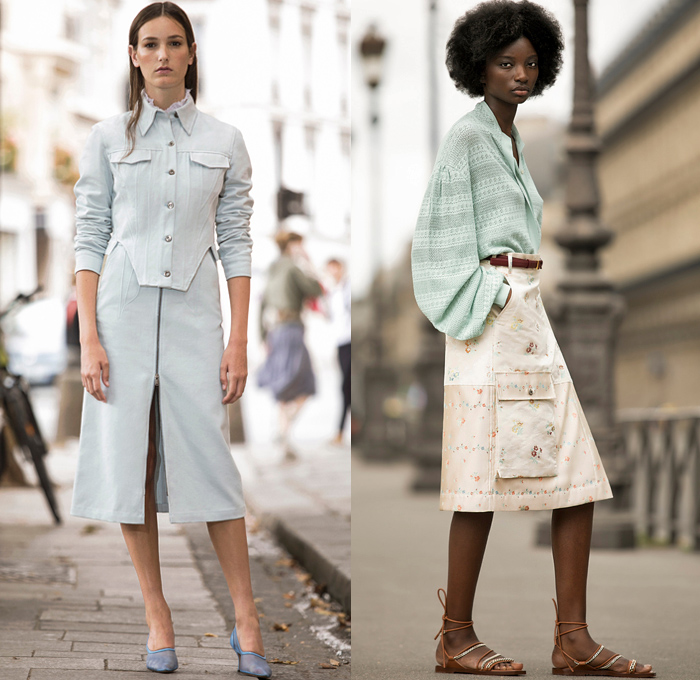 Rochas 2021 Resort Cruise Pre-Spring Womens Lookbook Presentation - Geometric Collar Long Sleeve Blouse Pastels Draped Clipped Arm Holes Perforated Poufy Puff Sleeves Knit Weave Mesh Overlapping Hem Shorts Cropped Trucker Jacket Flowers Floral Angular Hem Cargo Utility Pockets Asymmetrical Bib Lapel Belt Pellegrina Capelet Lace Ruffles Colored Jeans Femme Motif Coat Pantsuit Blazer Wood Swirl Pattern Pinafore Dress Midi Skirt Loafers