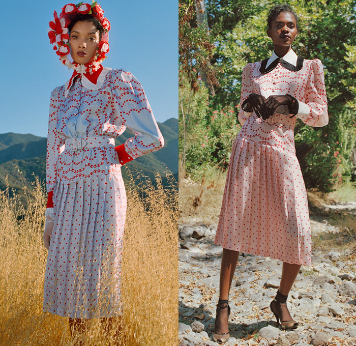 Rodarte 2021 Spring Summer Womens Lookbook Presentation - New York Fashion Week NYFW - Silk Twill Roses Flowers Hearts Daisy Prairie Damsel Dress Pleated Collar Lace Embroidery Check Plaid Gingham Sweaterdress Sweatshirt Organza Sheer Tulle Ruffles Pussycat Bow Robe Pearls Bedazzled Sequins Mesh Gloves Poufy High Shoulders Blouse Strapless Bridal Wedding Gown Veil Stripes Accordion Pleats Polkadots Jogger Headwear Floral Arrangement