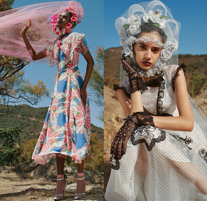 Rodarte 2021 Spring Summer Womens Lookbook Presentation - New York Fashion Week NYFW - Silk Twill Roses Flowers Hearts Daisy Prairie Damsel Dress Pleated Collar Lace Embroidery Check Plaid Gingham Sweaterdress Sweatshirt Organza Sheer Tulle Ruffles Pussycat Bow Robe Pearls Bedazzled Sequins Mesh Gloves Poufy High Shoulders Blouse Strapless Bridal Wedding Gown Veil Stripes Accordion Pleats Polkadots Jogger Headwear Floral Arrangement