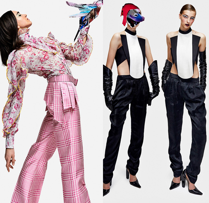 Ronald van der Kemp 2021 Spring Womens Lookbook Presentation - Haute Couture Avant Garde High Fashion - Ethical Dada Deadstock Upcycled Repurposed Post-Recycling Leftovers Corset Blouse Ruffles Houndstooth Wide Leg Bib Crop Top Midriff Gloves Chains Fringes Feathers Destroyed Denim Jeans Painted Loungewear Robe Patchwork Blazerdress Poufy Shoulders One Shoulder Metallic Dress Gown Sheer Tulle Tutu Tree Leopard Jacquard Draped PVC Vinyl Lace Embroidery Flowers Floral Mesh Boots 