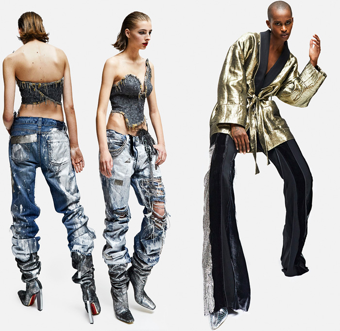 Ronald van der Kemp 2021 Spring Womens Lookbook Presentation - Haute Couture Avant Garde High Fashion - Ethical Dada Deadstock Upcycled Repurposed Post-Recycling Leftovers Corset Blouse Ruffles Houndstooth Wide Leg Bib Crop Top Midriff Gloves Chains Fringes Feathers Destroyed Denim Jeans Painted Loungewear Robe Patchwork Blazerdress Poufy Shoulders One Shoulder Metallic Dress Gown Sheer Tulle Tutu Tree Leopard Jacquard Draped PVC Vinyl Lace Embroidery Flowers Floral Mesh Boots 