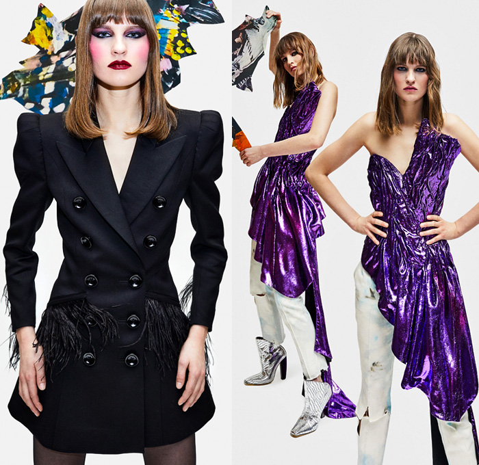 Ronald van der Kemp 2021 Spring Womens Lookbook Presentation - Haute Couture Avant Garde High Fashion - Ethical Dada Deadstock Upcycled Repurposed Post-Recycling Leftovers Corset Blouse Ruffles Houndstooth Wide Leg Bib Crop Top Midriff Gloves Chains Fringes Feathers Destroyed Denim Jeans Painted Loungewear Robe Patchwork Blazerdress Poufy Shoulders One Shoulder Metallic Dress Gown Sheer Tulle Tutu Tree Leopard Jacquard Draped PVC Vinyl Lace Embroidery Flowers Floral Mesh Boots 