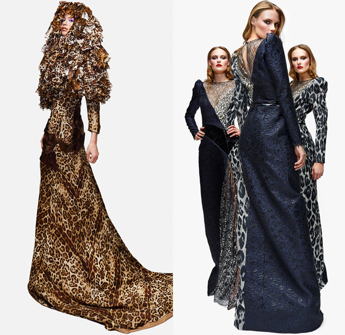 Ronald van der Kemp 2021 Spring Womens Lookbook Presentation - Haute Couture Avant Garde High Fashion - Ethical Dada Deadstock Upcycled Repurposed Post-Recycling Leftovers Corset Blouse Ruffles Houndstooth Wide Leg Bib Crop Top Midriff Gloves Chains Fringes Feathers Destroyed Denim Jeans Painted Loungewear Robe Patchwork Blazerdress Poufy Shoulders One Shoulder Metallic Dress Gown Sheer Tulle Tutu Tree Leopard Jacquard Draped PVC Vinyl Lace Embroidery Flowers Floral Mesh Boots 
