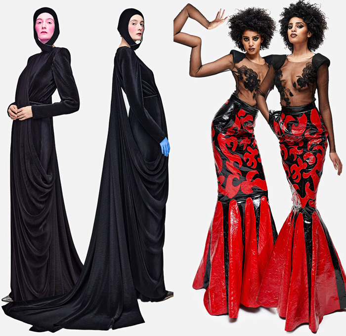 Ronald van der Kemp 2021 Spring Womens Lookbook Presentation - Haute Couture Avant Garde High Fashion - Ethical Dada Deadstock Upcycled Repurposed Post-Recycling Leftovers Corset Blouse Ruffles Houndstooth Wide Leg Bib Crop Top Midriff Gloves Chains Fringes Feathers Destroyed Denim Jeans Painted Loungewear Robe Patchwork Blazerdress Poufy Shoulders One Shoulder Metallic Dress Gown Sheer Tulle Tutu Tree Leopard Jacquard Draped PVC Vinyl Lace Embroidery Flowers Floral Mesh Boots 