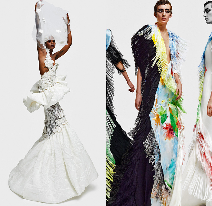 Ronald van der Kemp 2021 Spring Womens Lookbook Presentation - Haute Couture Avant Garde High Fashion - Ethical Dada Deadstock Upcycled Repurposed Post-Recycling Leftovers Corset Blouse Ruffles Houndstooth Wide Leg Bib Crop Top Midriff Gloves Chains Fringes Feathers Destroyed Denim Jeans Painted Loungewear Robe Patchwork Blazerdress Poufy Shoulders One Shoulder Metallic Dress Gown Sheer Tulle Tutu Tree Leopard Jacquard Draped PVC Vinyl Lace Embroidery Flowers Floral Mesh Boots 