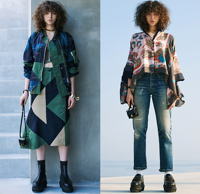 Sacai 2021 Resort Cruise Pre-Spring Womens Lookbook Presentation - Chitose Abe - Love Over Rules - Hybrid Deconstructed Patchwork Mix Fabrics Split Patterns Trench Coat Denim Jeans Jacket Quilted Utility Pockets Accordion Pleats Tunic Blouse Flowers Floral Building Illustration Wide Sleeves Tribal Leopard Herringbone Check Paisley Knit Tweed Fringes Lace Sheer Tulle Shirtdress Straps Sweatshirt Leggings Tights Wide Leg Pants Micro Mini Bag Boots Gladiator Sandals Platform Loafers