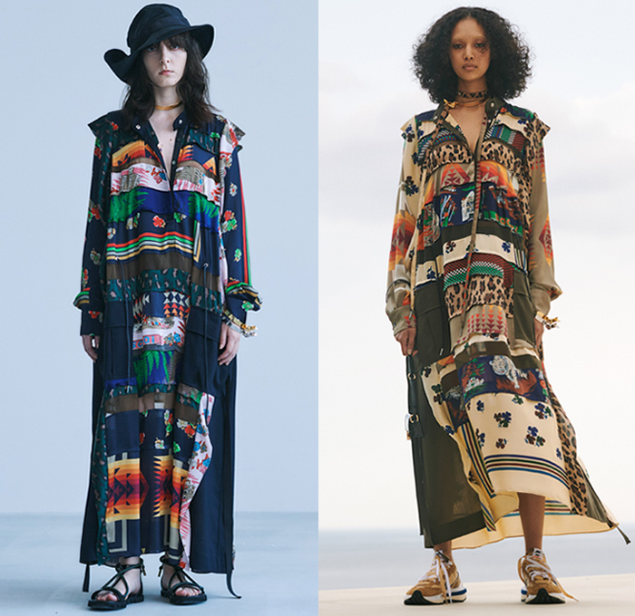 Sacai 2021 Resort Cruise Pre-Spring Womens Lookbook Presentation - Chitose Abe - Love Over Rules - Hybrid Deconstructed Patchwork Mix Fabrics Split Patterns Trench Coat Denim Jeans Jacket Quilted Utility Pockets Accordion Pleats Tunic Blouse Flowers Floral Building Illustration Wide Sleeves Tribal Leopard Herringbone Check Paisley Knit Tweed Fringes Lace Sheer Tulle Shirtdress Straps Sweatshirt Leggings Tights Wide Leg Pants Micro Mini Bag Boots Gladiator Sandals Platform Loafers