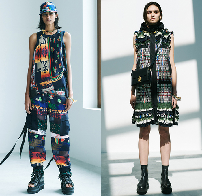 Sacai 2021 Resort Cruise Pre-Spring Womens Lookbook Presentation - Chitose Abe - Love Over Rules - Hybrid Deconstructed Patchwork Mix Fabrics Split Patterns Trench Coat Denim Jeans Jacket Quilted Utility Pockets Accordion Pleats Tunic Blouse Flowers Floral Building Illustration Wide Sleeves Tribal Leopard Herringbone Check Paisley Knit Tweed Fringes Lace Sheer Tulle Shirtdress Straps Sweatshirt Leggings Tights Wide Leg Pants Micro Mini Bag Boots Gladiator Sandals Platform Loafers