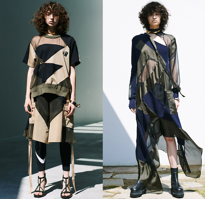 Sacai 2021 Resort Cruise Pre-Spring Womens Lookbook Presentation - Chitose Abe - Love Over Rules - Hybrid Deconstructed Patchwork Mix Fabrics Split Patterns Trench Coat Denim Jeans Jacket Quilted Utility Pockets Accordion Pleats Tunic Blouse Flowers Floral Building Illustration Wide Sleeves Tribal Leopard Herringbone Check Paisley Knit Tweed Fringes Lace Sheer Tulle Shirtdress Straps Sweatshirt Leggings Tights Wide Leg Pants Micro Mini Bag Boots Gladiator Sandals Platform Loafers