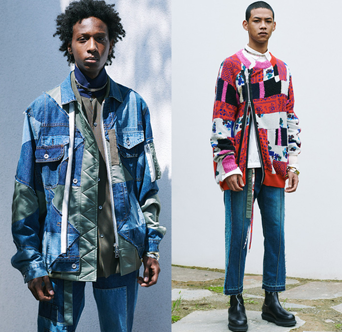 Sacai 2021 Spring Summer Mens Lookbook Presentation - Chitose Abe - Love Over Rules - Hybrid Deconstructed Patchwork Mix Fabrics Split Patterns Denim Jeans Trench Coat Parka Bomber Jacket Knit Sweater Pullover Shirt Flowers Floral Tribal Geometric Leopard Tiger Building Paisley Suede Plaid Check Utility Pockets Flannel Jogger Sweatpants Shorts Safari Hat Loafers Trainers Sneakers 