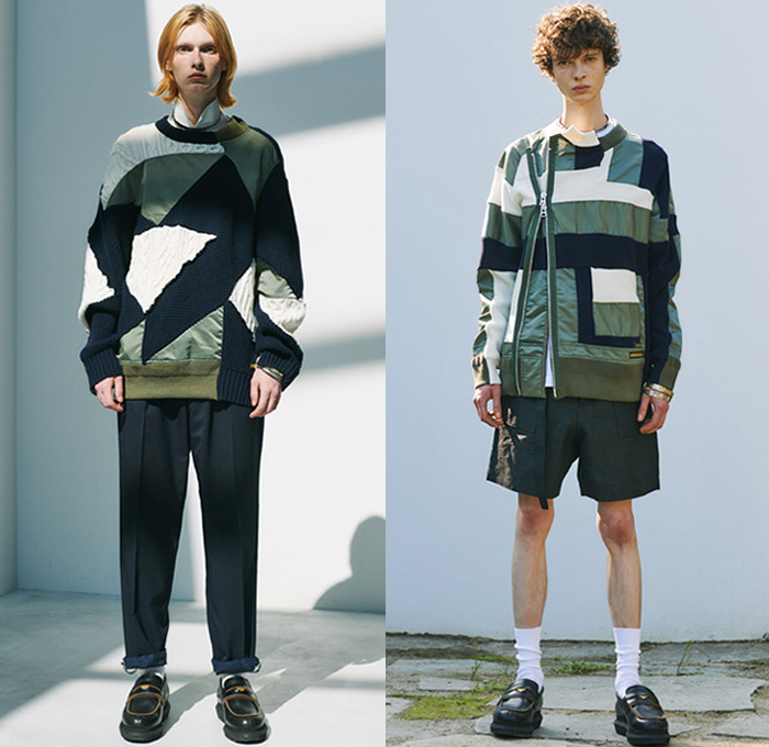 Sacai 2021 Spring Summer Mens Lookbook Presentation - Chitose Abe - Love Over Rules - Hybrid Deconstructed Patchwork Mix Fabrics Split Patterns Denim Jeans Trench Coat Parka Bomber Jacket Knit Sweater Pullover Shirt Flowers Floral Tribal Geometric Leopard Tiger Building Paisley Suede Plaid Check Utility Pockets Flannel Jogger Sweatpants Shorts Safari Hat Loafers Trainers Sneakers 