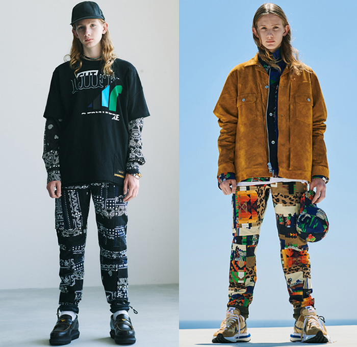 Sacai 2021 Spring Summer Mens Lookbook Presentation - Chitose Abe - Love Over Rules - Hybrid Deconstructed Patchwork Mix Fabrics Split Patterns Denim Jeans Trench Coat Parka Bomber Jacket Knit Sweater Pullover Shirt Flowers Floral Tribal Geometric Leopard Tiger Building Paisley Suede Plaid Check Utility Pockets Flannel Jogger Sweatpants Shorts Safari Hat Loafers Trainers Sneakers 