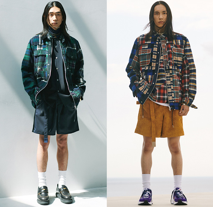 Sacai 2021 Spring Summer Mens Lookbook Presentation - Chitose Abe - Love Over Rules - Hybrid Deconstructed Patchwork Mix Fabrics Split Patterns Denim Jeans Trench Coat Parka Bomber Jacket Knit Sweater Pullover Shirt Flowers Floral Tribal Geometric Leopard Tiger Building Paisley Suede Plaid Check Utility Pockets Flannel Jogger Sweatpants Shorts Safari Hat Loafers Trainers Sneakers 