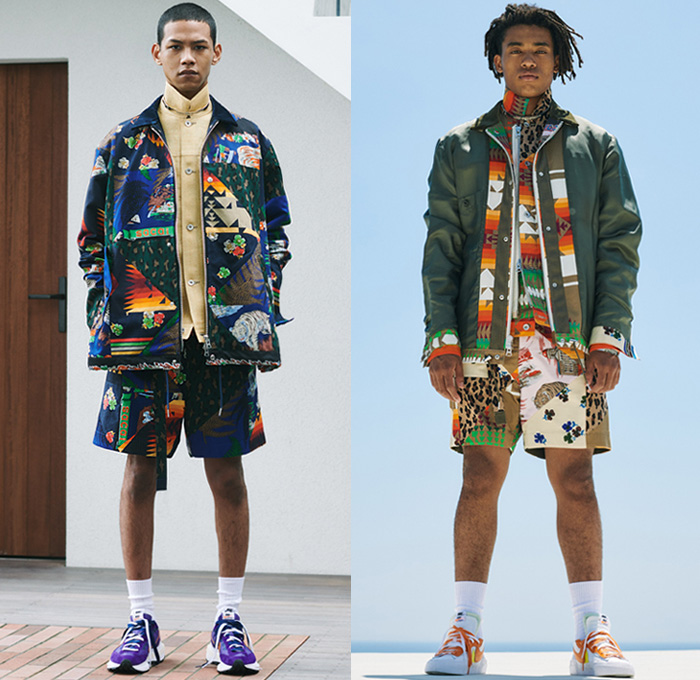 Sacai 2021 Spring Summer Mens Lookbook Presentation - Chitose Abe - Love Over Rules - Hybrid Deconstructed Patchwork Mix Fabrics Split Patterns Denim Jeans Trench Coat Parka Bomber Jacket Knit Sweater Pullover Shirt Flowers Floral Tribal Geometric Leopard Tiger Building Paisley Suede Plaid Check Utility Pockets Flannel Jogger Sweatpants Shorts Safari Hat Loafers Trainers Sneakers 