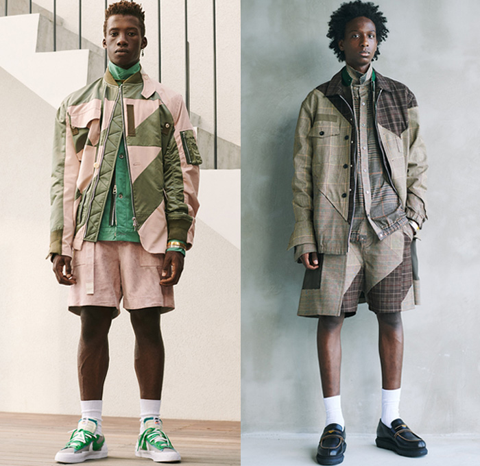 Sacai 2021 Spring Summer Mens Lookbook Presentation - Chitose Abe - Love Over Rules - Hybrid Deconstructed Patchwork Mix Fabrics Split Patterns Denim Jeans Trench Coat Parka Bomber Jacket Knit Sweater Pullover Shirt Flowers Floral Tribal Geometric Leopard Tiger Building Paisley Suede Plaid Check Utility Pockets Flannel Jogger Sweatpants Shorts Safari Hat Loafers Trainers Sneakers 