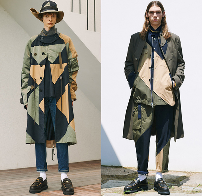 Sacai 2021 Spring Summer Mens Lookbook Presentation - Chitose Abe - Love Over Rules - Hybrid Deconstructed Patchwork Mix Fabrics Split Patterns Denim Jeans Trench Coat Parka Bomber Jacket Knit Sweater Pullover Shirt Flowers Floral Tribal Geometric Leopard Tiger Building Paisley Suede Plaid Check Utility Pockets Flannel Jogger Sweatpants Shorts Safari Hat Loafers Trainers Sneakers 