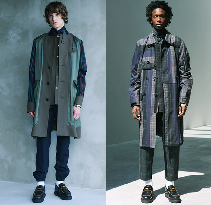 Sacai 2021 Spring Summer Mens Lookbook Presentation - Chitose Abe - Love Over Rules - Hybrid Deconstructed Patchwork Mix Fabrics Split Patterns Denim Jeans Trench Coat Parka Bomber Jacket Knit Sweater Pullover Shirt Flowers Floral Tribal Geometric Leopard Tiger Building Paisley Suede Plaid Check Utility Pockets Flannel Jogger Sweatpants Shorts Safari Hat Loafers Trainers Sneakers 