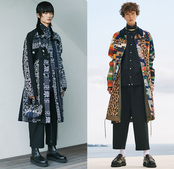 Sacai 2021 Spring Summer Mens Lookbook Presentation - Chitose Abe - Love Over Rules - Hybrid Deconstructed Patchwork Mix Fabrics Split Patterns Denim Jeans Trench Coat Parka Bomber Jacket Knit Sweater Pullover Shirt Flowers Floral Tribal Geometric Leopard Tiger Building Paisley Suede Plaid Check Utility Pockets Flannel Jogger Sweatpants Shorts Safari Hat Loafers Trainers Sneakers 