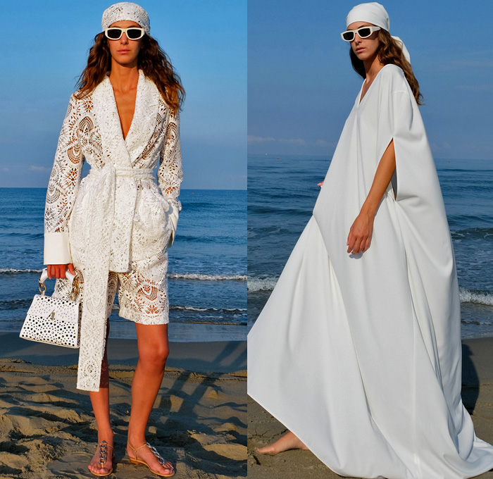 Sara Battaglia 2021 Spring Summer Womens Lookbook Presentation - Joie De Vivre Floppy Bucket Hat Sleeveless Stripes Blouse Pussycat Bow Swirls Stripes Print Pattern Pantsuit Blazer Jacket Robe Hoodie Parka Wide Draped Sleeves Sweater Shirtdress Caftan Lace Embroidery Eyelets Tiered Ruffles Dress Leggings Shorts Wide Leg Palazzo Pants Miniskirt Gladiator Wrapped Heels Metal Studs Mesh Handbag Tote Basketweave Fringes Baseball Cap Head Scarf Sunglasses