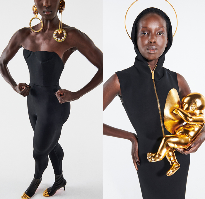 Schiaparelli 2021 Spring Summer Womens Lookbook Presentation - Haute Couture Avant Garde High Fashion - Bedazzled Jewels Crystals Gems Studs Tooth Pearls Beads Gold Padlocks Hand-Painted Bust Resin Breastplate Oversized Bow Brass Mask Trompe L’oeil Strapless Sheer Tulle Wide Leg Bangles Cloche Hat Muscular Strong Shoulders Poufy Puff Sleeves Draped Onesie Jumpsuit Madonna Child Pig Nose Voluminous Ruffles Denim Jeans Dress Gown Cocoon Parka Zebra Handbag Wedge Toe Cap Boots