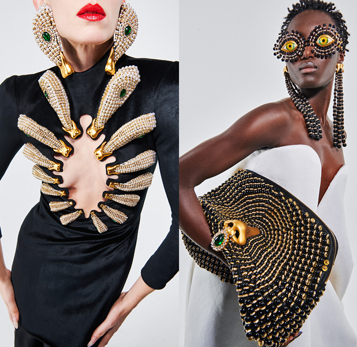 Schiaparelli 2021 Spring Summer Womens Lookbook Presentation - Haute Couture Avant Garde High Fashion - Bedazzled Jewels Crystals Gems Studs Tooth Pearls Beads Gold Padlocks Hand-Painted Bust Resin Breastplate Oversized Bow Brass Mask Trompe L’oeil Strapless Sheer Tulle Wide Leg Bangles Cloche Hat Muscular Strong Shoulders Poufy Puff Sleeves Draped Onesie Jumpsuit Madonna Child Pig Nose Voluminous Ruffles Denim Jeans Dress Gown Cocoon Parka Zebra Handbag Wedge Toe Cap Boots