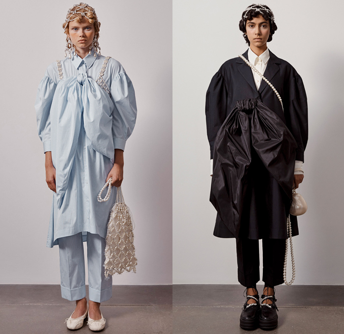 Simone Rocha 2021 Spring Summer Womens Lookbook Presentation - London Fashion Week Collections UK - Medieval Baroque Giant Pearls Crystals Bedazzled Beads Poufy Shoulders Puff Sleeves Leg O'Mutton Knot Ribbon Cape Oversleeve Fishnet Mesh Long Sleeve Blouse Coat Blazer Jacket Strapless Jacquard Brocade Sheer Tulle silk Satin Dress Gown Headwear Lace Embroidery Culottes Ruffles Logo Decorative Art Floral Leaves Harness Straps Sandals Handbag