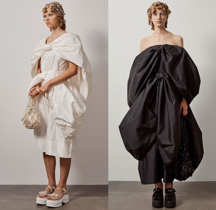 Simone Rocha 2021 Spring Summer Womens Lookbook Presentation - London Fashion Week Collections UK - Medieval Baroque Giant Pearls Crystals Bedazzled Beads Poufy Shoulders Puff Sleeves Leg O'Mutton Knot Ribbon Cape Oversleeve Fishnet Mesh Long Sleeve Blouse Coat Blazer Jacket Strapless Jacquard Brocade Sheer Tulle silk Satin Dress Gown Headwear Lace Embroidery Culottes Ruffles Logo Decorative Art Floral Leaves Harness Straps Sandals Handbag