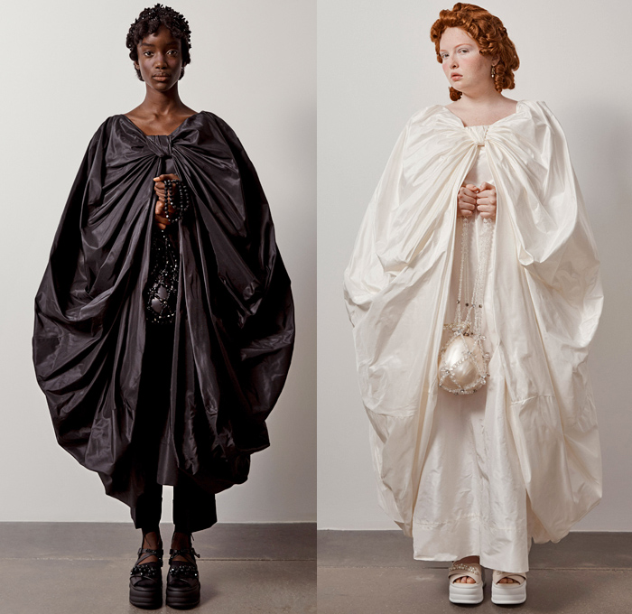 Simone Rocha 2021 Spring Summer Womens Lookbook Presentation - London Fashion Week Collections UK - Medieval Baroque Giant Pearls Crystals Bedazzled Beads Poufy Shoulders Puff Sleeves Leg O'Mutton Knot Ribbon Cape Oversleeve Fishnet Mesh Long Sleeve Blouse Coat Blazer Jacket Strapless Jacquard Brocade Sheer Tulle silk Satin Dress Gown Headwear Lace Embroidery Culottes Ruffles Logo Decorative Art Floral Leaves Harness Straps Sandals Handbag