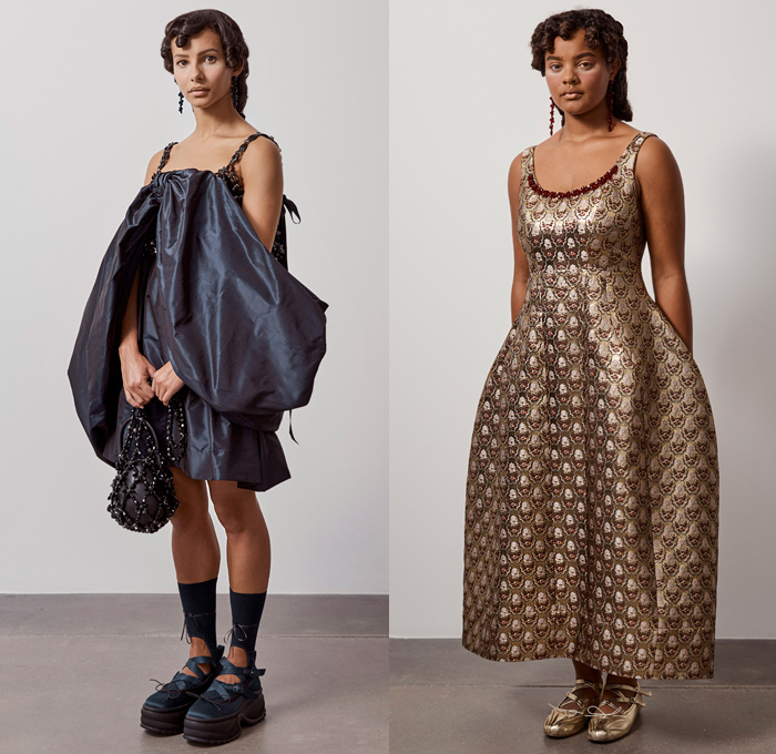 Simone Rocha 2021 Spring Summer Womens Lookbook Presentation - London Fashion Week Collections UK - Medieval Baroque Giant Pearls Crystals Bedazzled Beads Poufy Shoulders Puff Sleeves Leg O'Mutton Knot Ribbon Cape Oversleeve Fishnet Mesh Long Sleeve Blouse Coat Blazer Jacket Strapless Jacquard Brocade Sheer Tulle silk Satin Dress Gown Headwear Lace Embroidery Culottes Ruffles Logo Decorative Art Floral Leaves Harness Straps Sandals Handbag