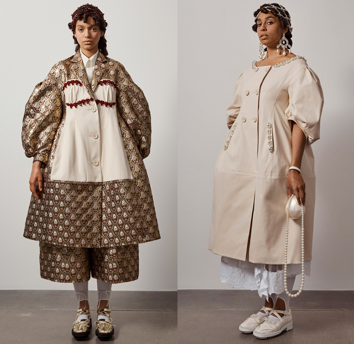 Simone Rocha 2021 Spring Summer Womens Lookbook Presentation - London Fashion Week Collections UK - Medieval Baroque Giant Pearls Crystals Bedazzled Beads Poufy Shoulders Puff Sleeves Leg O'Mutton Knot Ribbon Cape Oversleeve Fishnet Mesh Long Sleeve Blouse Coat Blazer Jacket Strapless Jacquard Brocade Sheer Tulle silk Satin Dress Gown Headwear Lace Embroidery Culottes Ruffles Logo Decorative Art Floral Leaves Harness Straps Sandals Handbag