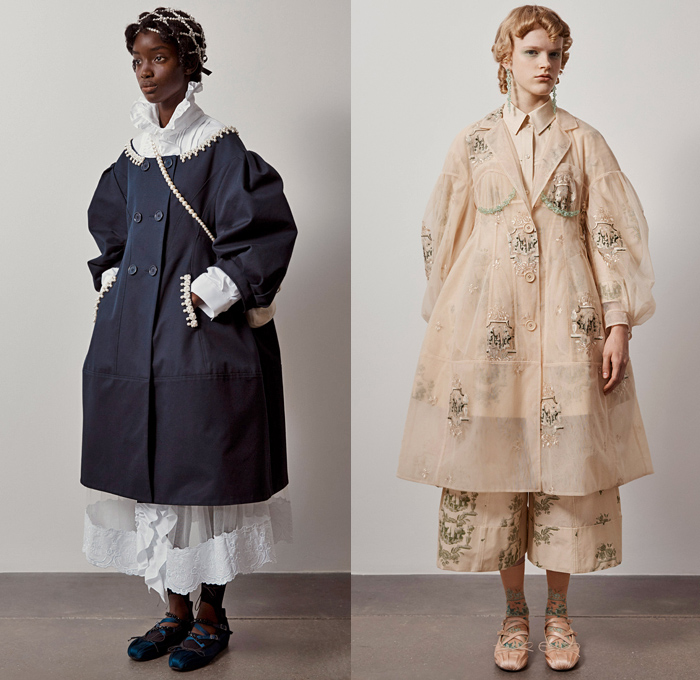 Simone Rocha 2021 Spring Summer Womens Lookbook Presentation - London Fashion Week Collections UK - Medieval Baroque Giant Pearls Crystals Bedazzled Beads Poufy Shoulders Puff Sleeves Leg O'Mutton Knot Ribbon Cape Oversleeve Fishnet Mesh Long Sleeve Blouse Coat Blazer Jacket Strapless Jacquard Brocade Sheer Tulle silk Satin Dress Gown Headwear Lace Embroidery Culottes Ruffles Logo Decorative Art Floral Leaves Harness Straps Sandals Handbag