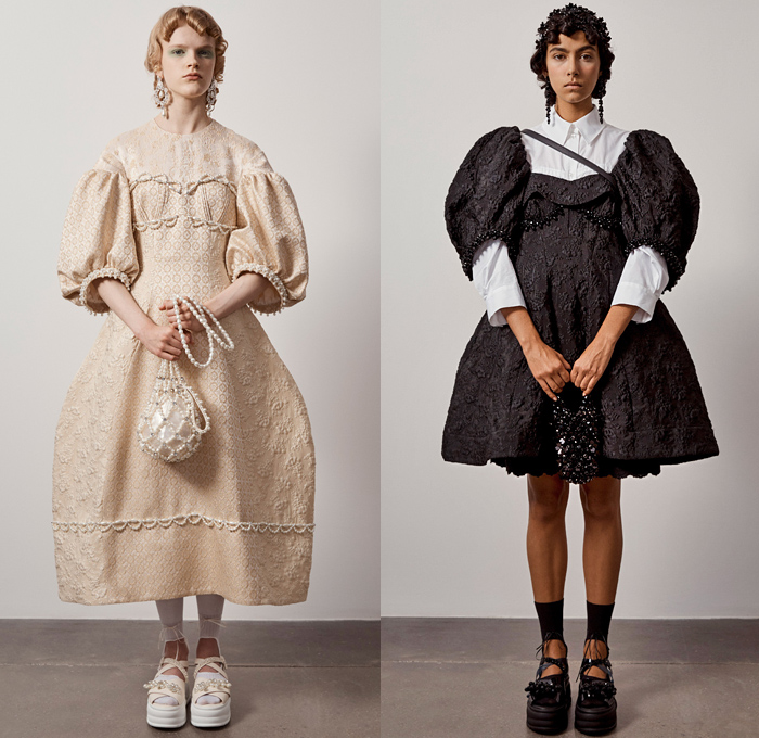 Simone Rocha 2021 Spring Summer Womens Lookbook Presentation - London Fashion Week Collections UK - Medieval Baroque Giant Pearls Crystals Bedazzled Beads Poufy Shoulders Puff Sleeves Leg O'Mutton Knot Ribbon Cape Oversleeve Fishnet Mesh Long Sleeve Blouse Coat Blazer Jacket Strapless Jacquard Brocade Sheer Tulle silk Satin Dress Gown Headwear Lace Embroidery Culottes Ruffles Logo Decorative Art Floral Leaves Harness Straps Sandals Handbag