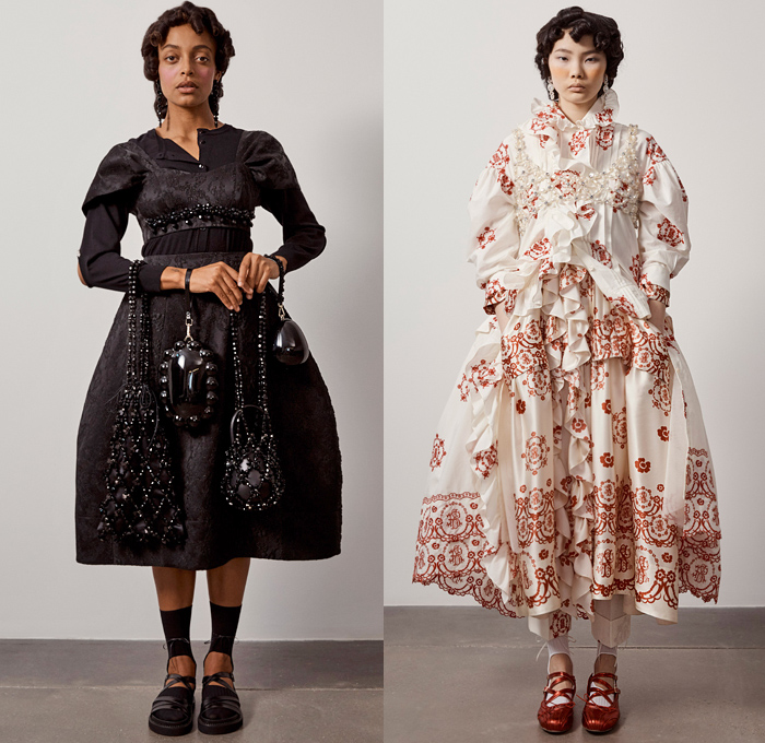 Simone Rocha 2021 Spring Summer Womens Lookbook Presentation - London Fashion Week Collections UK - Medieval Baroque Giant Pearls Crystals Bedazzled Beads Poufy Shoulders Puff Sleeves Leg O'Mutton Knot Ribbon Cape Oversleeve Fishnet Mesh Long Sleeve Blouse Coat Blazer Jacket Strapless Jacquard Brocade Sheer Tulle silk Satin Dress Gown Headwear Lace Embroidery Culottes Ruffles Logo Decorative Art Floral Leaves Harness Straps Sandals Handbag