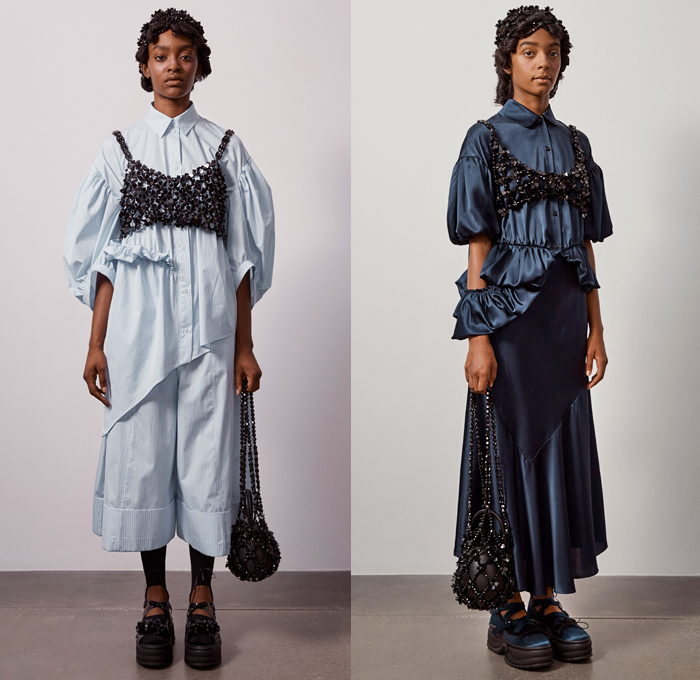 Simone Rocha 2021 Spring Summer Womens Lookbook Presentation - London Fashion Week Collections UK - Medieval Baroque Giant Pearls Crystals Bedazzled Beads Poufy Shoulders Puff Sleeves Leg O'Mutton Knot Ribbon Cape Oversleeve Fishnet Mesh Long Sleeve Blouse Coat Blazer Jacket Strapless Jacquard Brocade Sheer Tulle silk Satin Dress Gown Headwear Lace Embroidery Culottes Ruffles Logo Decorative Art Floral Leaves Harness Straps Sandals Handbag