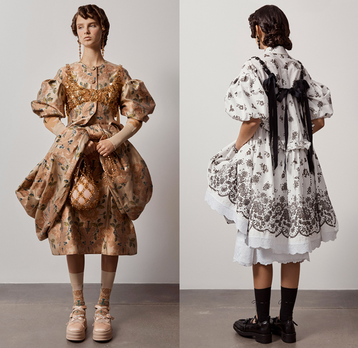 Simone Rocha 2021 Spring Summer Womens Lookbook Presentation - London Fashion Week Collections UK - Medieval Baroque Giant Pearls Crystals Bedazzled Beads Poufy Shoulders Puff Sleeves Leg O'Mutton Knot Ribbon Cape Oversleeve Fishnet Mesh Long Sleeve Blouse Coat Blazer Jacket Strapless Jacquard Brocade Sheer Tulle silk Satin Dress Gown Headwear Lace Embroidery Culottes Ruffles Logo Decorative Art Floral Leaves Harness Straps Sandals Handbag