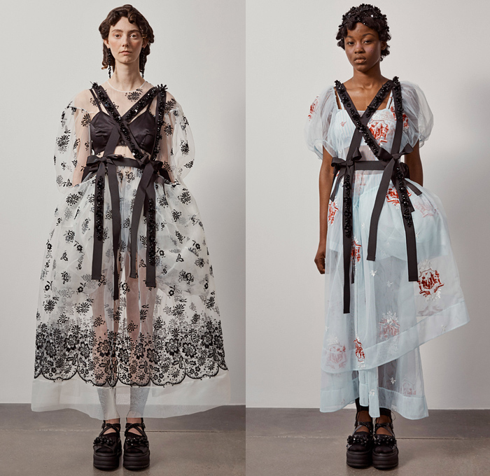 Simone Rocha 2021 Spring Summer Womens Lookbook Presentation - London Fashion Week Collections UK - Medieval Baroque Giant Pearls Crystals Bedazzled Beads Poufy Shoulders Puff Sleeves Leg O'Mutton Knot Ribbon Cape Oversleeve Fishnet Mesh Long Sleeve Blouse Coat Blazer Jacket Strapless Jacquard Brocade Sheer Tulle silk Satin Dress Gown Headwear Lace Embroidery Culottes Ruffles Logo Decorative Art Floral Leaves Harness Straps Sandals Handbag