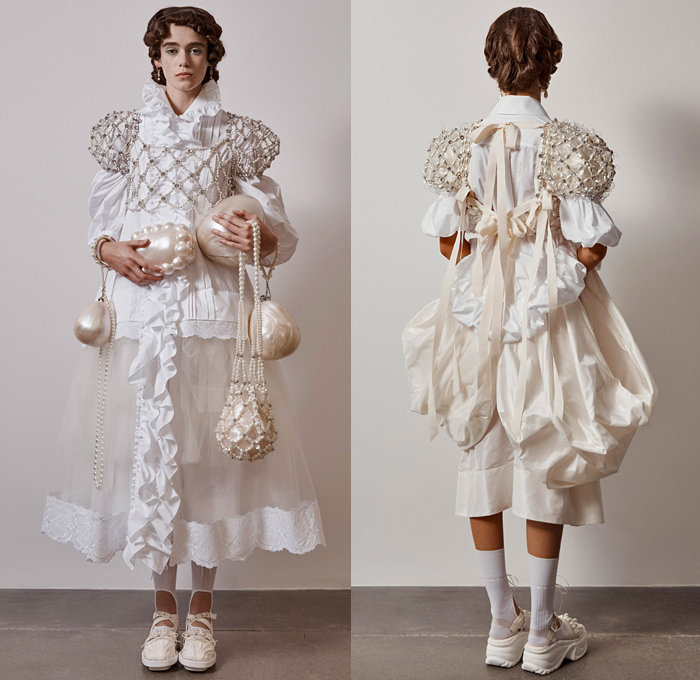 Simone Rocha 2021 Spring Summer Womens Lookbook Presentation - London Fashion Week Collections UK - Medieval Baroque Giant Pearls Crystals Bedazzled Beads Poufy Shoulders Puff Sleeves Leg O'Mutton Knot Ribbon Cape Oversleeve Fishnet Mesh Long Sleeve Blouse Coat Blazer Jacket Strapless Jacquard Brocade Sheer Tulle silk Satin Dress Gown Headwear Lace Embroidery Culottes Ruffles Logo Decorative Art Floral Leaves Harness Straps Sandals Handbag