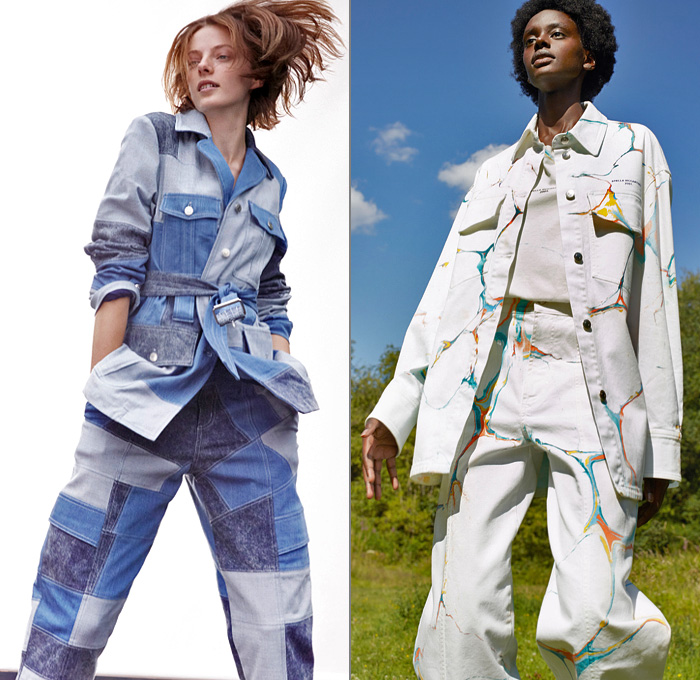 Stella McCartney 2021 Resort Cruise Pre-Spring Womens Lookbook Presentation - A to Z Manifesto Recycled Repurposed Upcycled Patchwork Denim Jeans Jacket Utility Pockets Marble Repurposed Lace Embroidery Maxi Dress Onesie Jumpsuit Coveralls All-in-One Swimwear Swimsuit Eyelets Knit Sweater Rainbow Landscape Ribbed Flowers Floral Gold Metallic Accordion Pleats Frayed Mesh Sheer Tulle Polka Dots Safari Animals Tiger Lion Shirtdress Cow Pattern Fur Trench Coat Flats