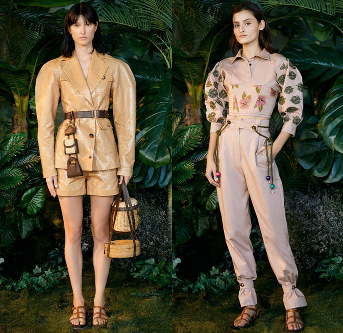 Sudi Etuz 2021 Spring Summer Womens Lookbook Presentation - Mercedes-Benz Fashion Week Istanbul Turkey - Safari Crop Top Midriff Ruffles Pockets Leaves Foliage Jungle Monkeys Strapless Sheer Tulle Leopard Cheetah Ruffles Faded Earth Tones Frayed Raw Hem Denim Jeans Shorts Rope Beads Poufy Shoulders Leg O'Mutton Sleeves Dress Gown Swimwear Bikini Bucket Hat Fanny Pack Belt Bag Pouch Mini Micro Purse Basket Sandals