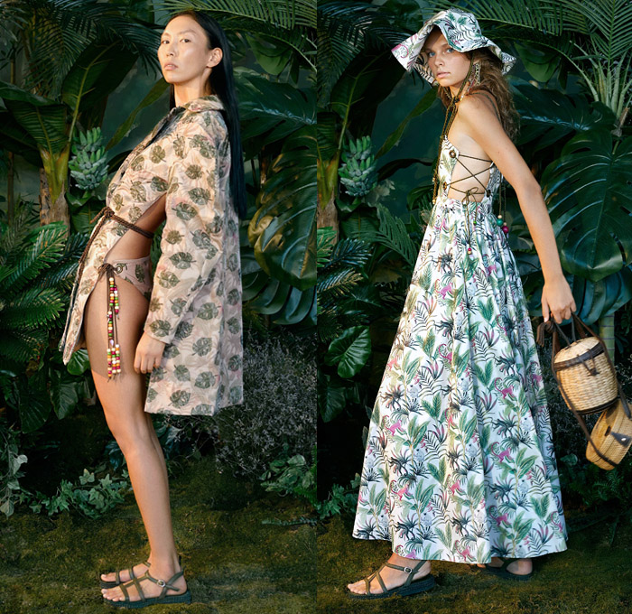 Sudi Etuz 2021 Spring Summer Womens Lookbook Presentation - Mercedes-Benz Fashion Week Istanbul Turkey - Safari Crop Top Midriff Ruffles Pockets Leaves Foliage Jungle Monkeys Strapless Sheer Tulle Leopard Cheetah Ruffles Faded Earth Tones Frayed Raw Hem Denim Jeans Shorts Rope Beads Poufy Shoulders Leg O'Mutton Sleeves Dress Gown Swimwear Bikini Bucket Hat Fanny Pack Belt Bag Pouch Mini Micro Purse Basket Sandals