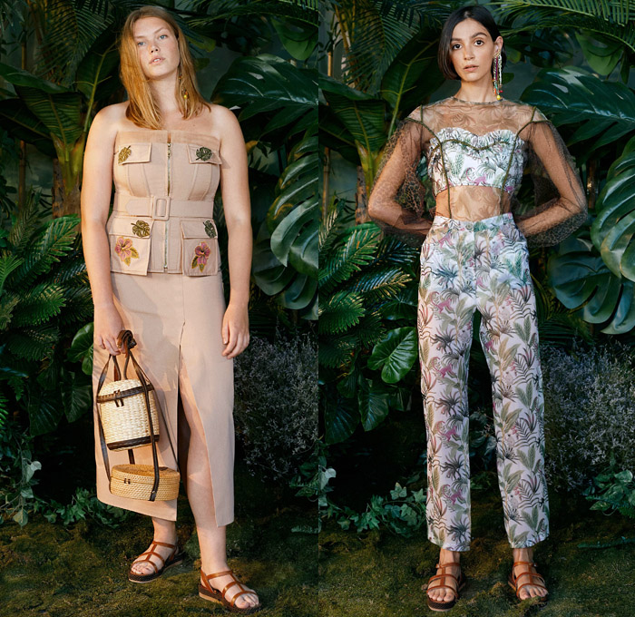 Sudi Etuz 2021 Spring Summer Womens Lookbook Presentation - Mercedes-Benz Fashion Week Istanbul Turkey - Safari Crop Top Midriff Ruffles Pockets Leaves Foliage Jungle Monkeys Strapless Sheer Tulle Leopard Cheetah Ruffles Faded Earth Tones Frayed Raw Hem Denim Jeans Shorts Rope Beads Poufy Shoulders Leg O'Mutton Sleeves Dress Gown Swimwear Bikini Bucket Hat Fanny Pack Belt Bag Pouch Mini Micro Purse Basket Sandals