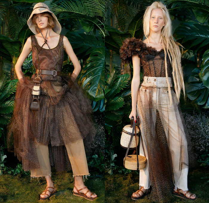 Sudi Etuz 2021 Spring Summer Womens Lookbook Presentation - Mercedes-Benz Fashion Week Istanbul Turkey - Safari Crop Top Midriff Ruffles Pockets Leaves Foliage Jungle Monkeys Strapless Sheer Tulle Leopard Cheetah Ruffles Faded Earth Tones Frayed Raw Hem Denim Jeans Shorts Rope Beads Poufy Shoulders Leg O'Mutton Sleeves Dress Gown Swimwear Bikini Bucket Hat Fanny Pack Belt Bag Pouch Mini Micro Purse Basket Sandals