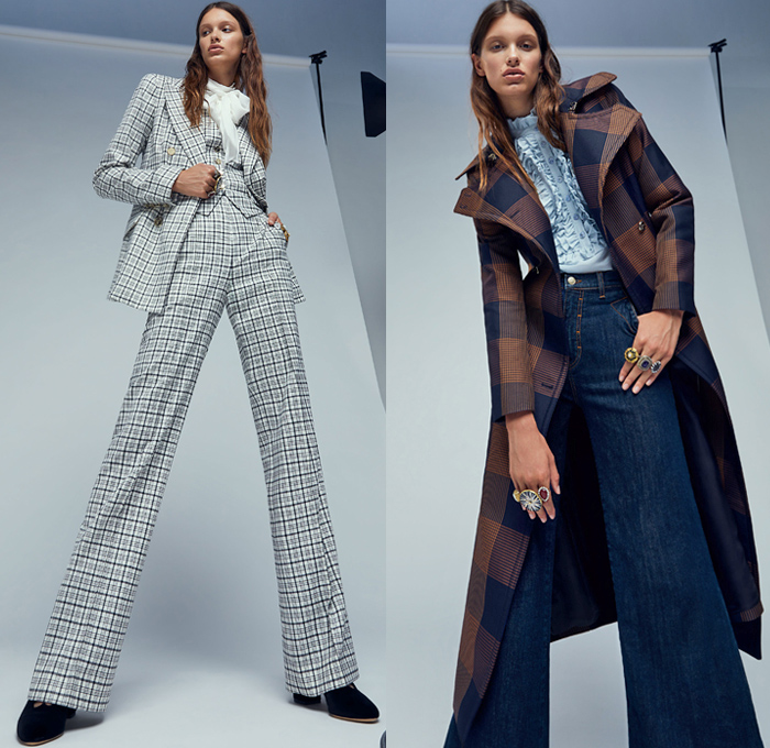 Temperley London 2021 Spring Summer Womens Lookbook Presentation - London Fashion Week Collections UK - Swinging Sixties 1960s Check Plaid Poncho Fedora Poufy Shoulders Blouse Ruffles Pantsuit Blazer Trench Coat Wide Leg Flare Denim Jeans Vest Crossbody Bag Lattice Graph Lace Embroidery Pussycat Bow Butterfly Wings Marble Resin Leopard Cheetah Bedazzled Sequins Sheer Tulle Chiffon Organza Flowers Floral Strapless Prairie Damsel Dress Halterneck Gown Boots Fedora
