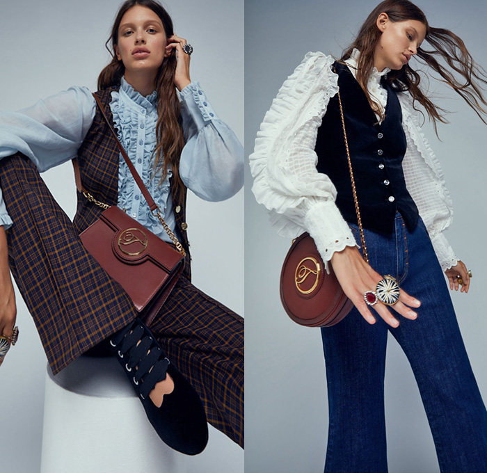 Temperley London 2021 Spring Summer Womens Lookbook Presentation - London Fashion Week Collections UK - Swinging Sixties 1960s Check Plaid Poncho Fedora Poufy Shoulders Blouse Ruffles Pantsuit Blazer Trench Coat Wide Leg Flare Denim Jeans Vest Crossbody Bag Lattice Graph Lace Embroidery Pussycat Bow Butterfly Wings Marble Resin Leopard Cheetah Bedazzled Sequins Sheer Tulle Chiffon Organza Flowers Floral Strapless Prairie Damsel Dress Halterneck Gown Boots Fedora